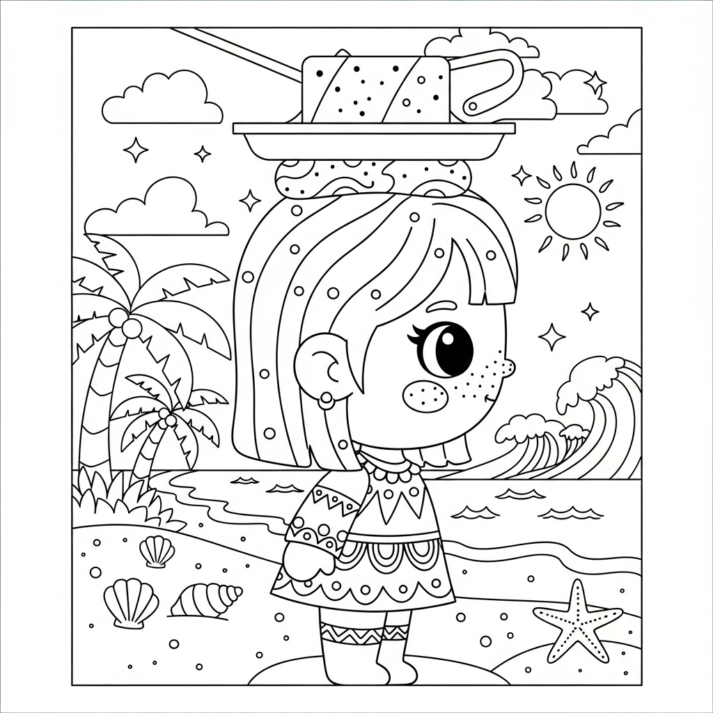 Menina kawaii equilibrando bandeja na praia, desenho para colorir e imprimir