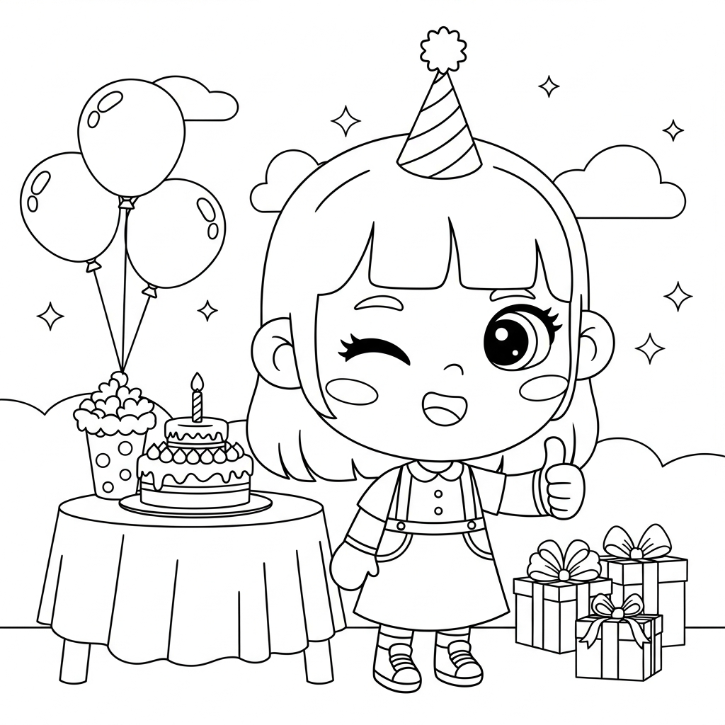 Menina kawaii piscando e fazendo positivo em festa de aniversário, desenho para colorir e imprimir