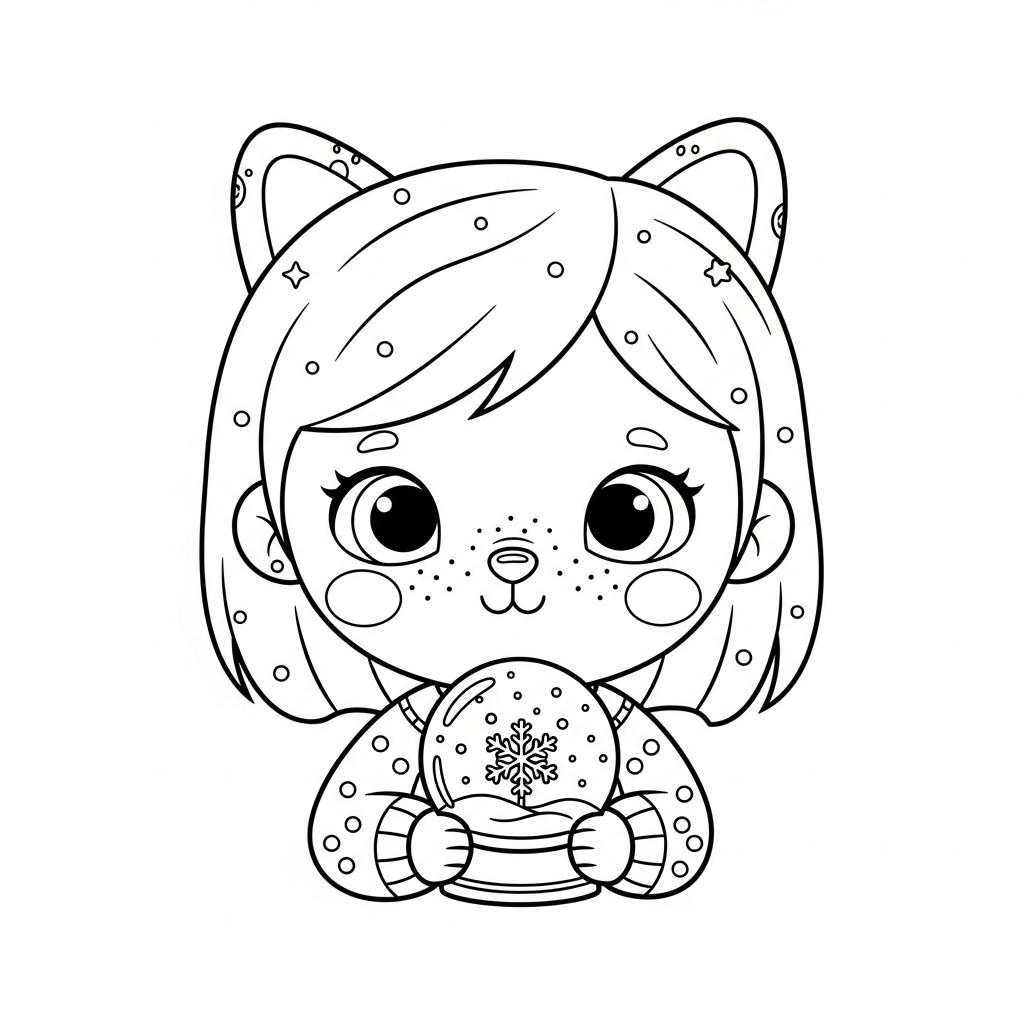 Menina kawaii segurando globo de neve em fundo branco, desenho para colorir e imprimir