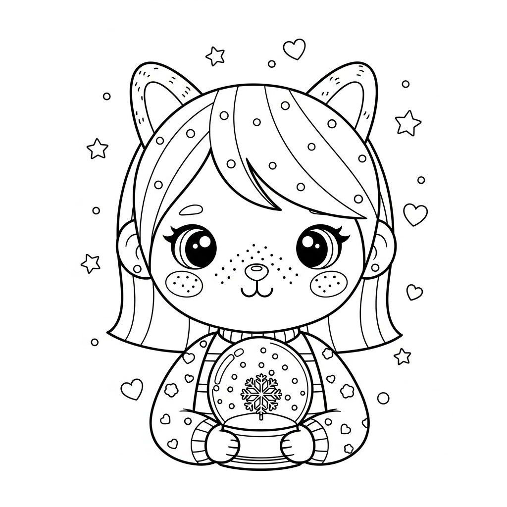 Menina kawaii segurando globo de neve entre estrelas e corações, desenho para colorir e imprimir