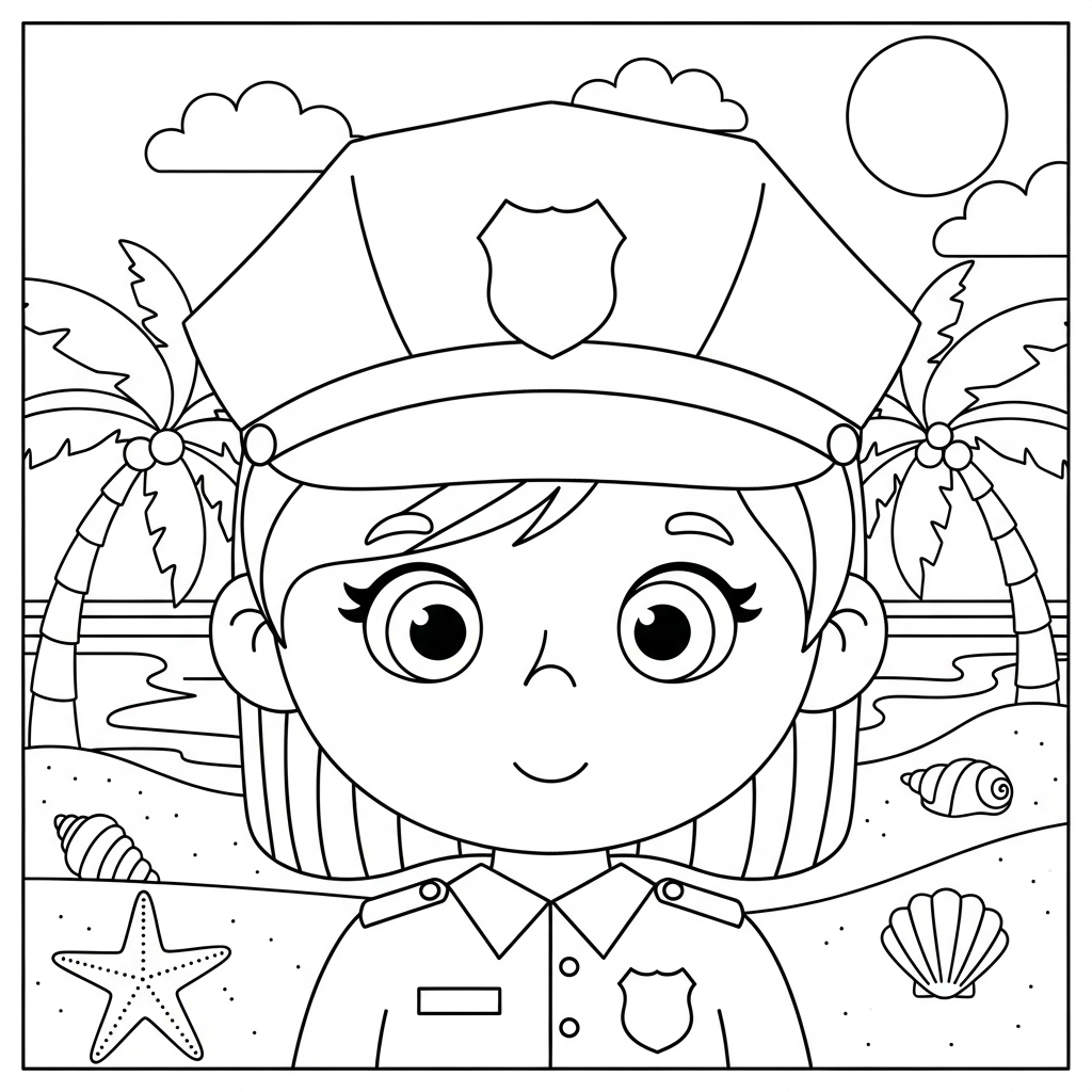 Menina kawaii vestida de guarda na praia, desenho para colorir e imprimir
