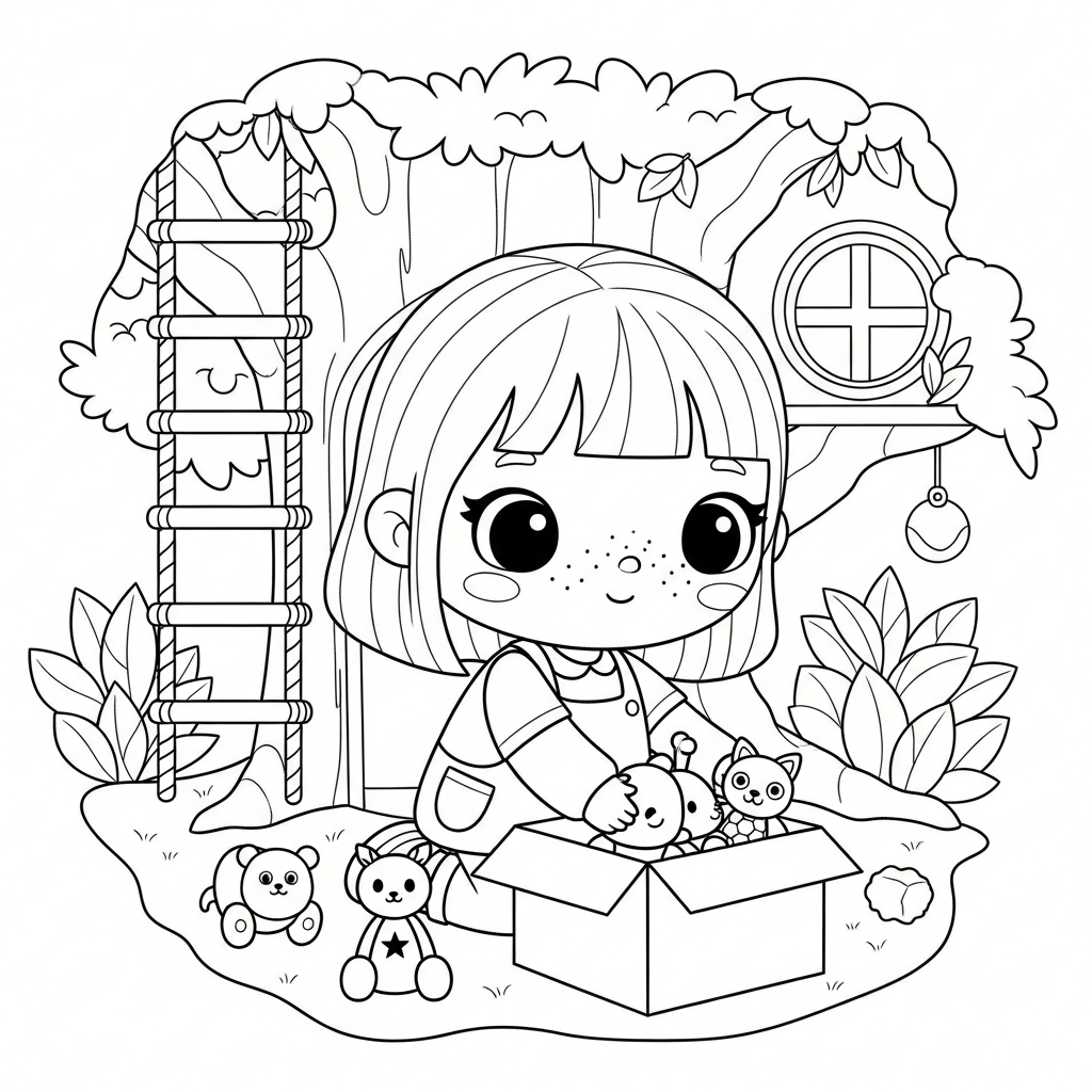 Menina kawaii guardando brinquedos no jardim, desenho para colorir e imprimir