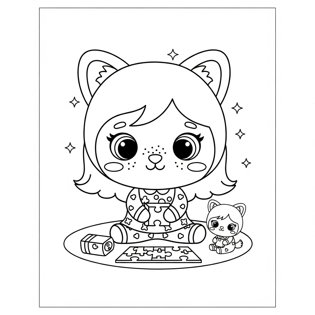 Menina kawaii sentada no tapete montando quebra-cabeça, desenho para colorir e imprimir