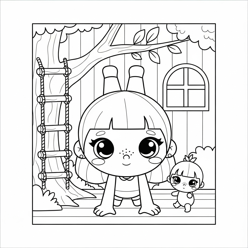Menina kawaii fazendo acrobacia na casa da árvore, desenho para colorir e imprimir