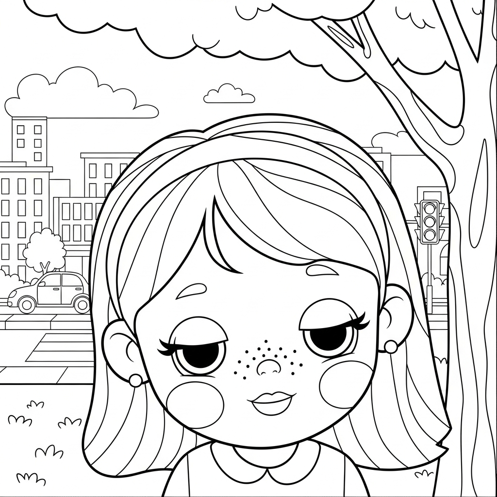Menina kawaii sorrindo em cenário de cidade, desenho para colorir e imprimir