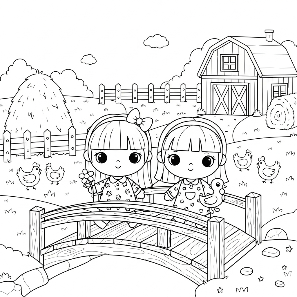Menina kawaii segurando flor com amiga e patinho na fazenda, desenho para colorir e imprimir