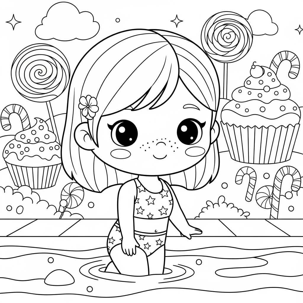 Menina kawaii brincando em piscina rasa cercada por doces, desenho para colorir e imprimir