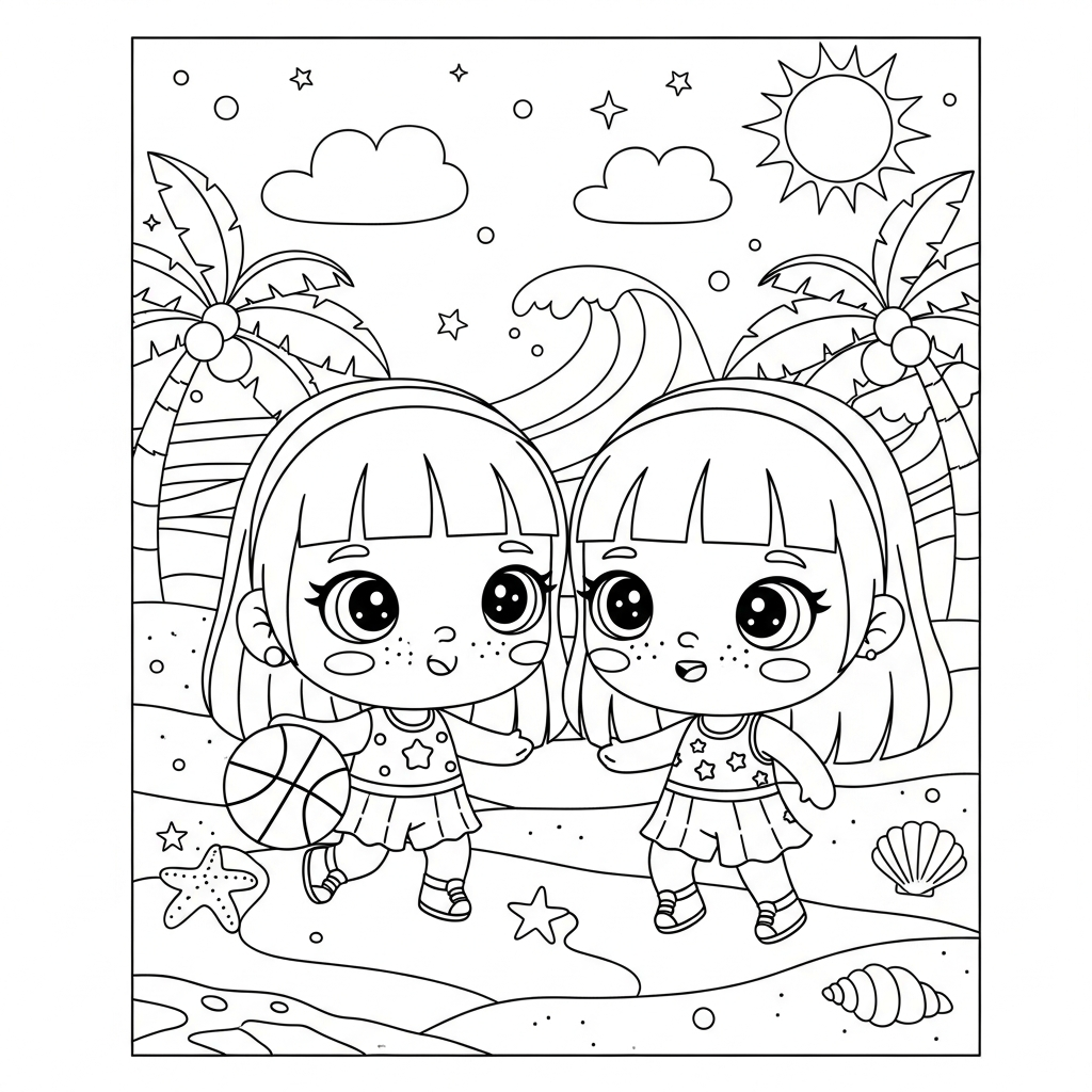 Menina kawaii com amiga brincando em praia tropical, desenho para colorir e imprimir