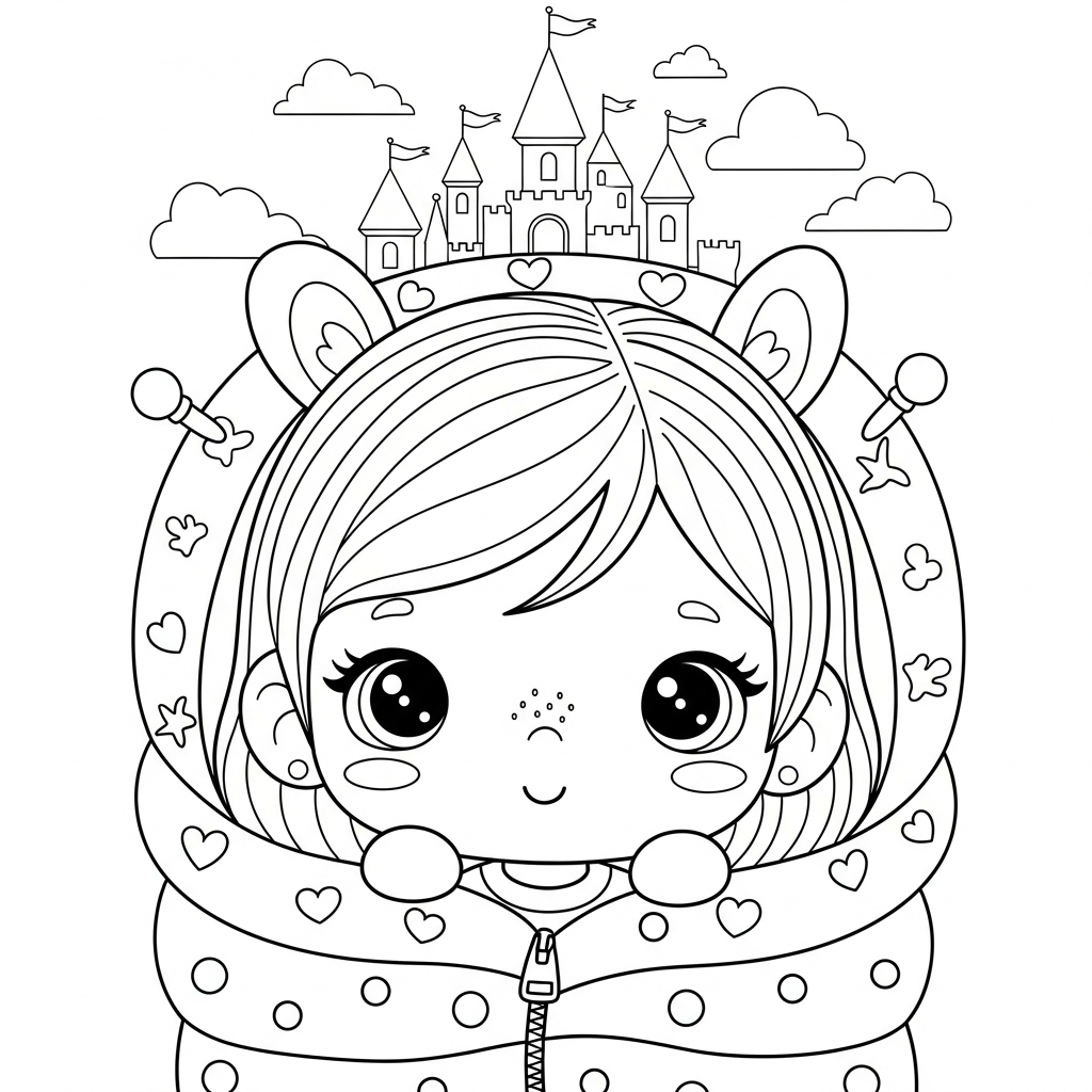 Menina kawaii posando diante de castelo de fantasia, desenho para colorir e imprimir