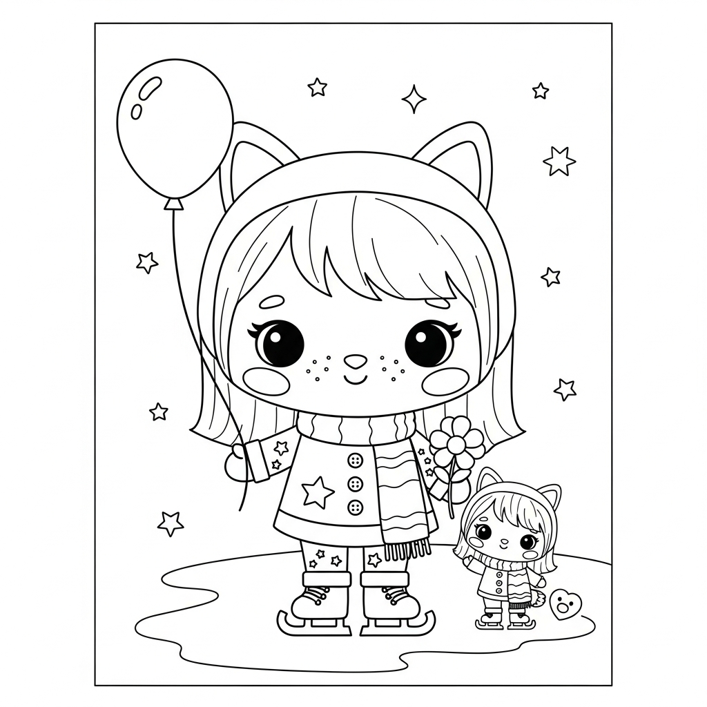 Menina kawaii patinando no gelo com balão e flor, desenho para colorir e imprimir