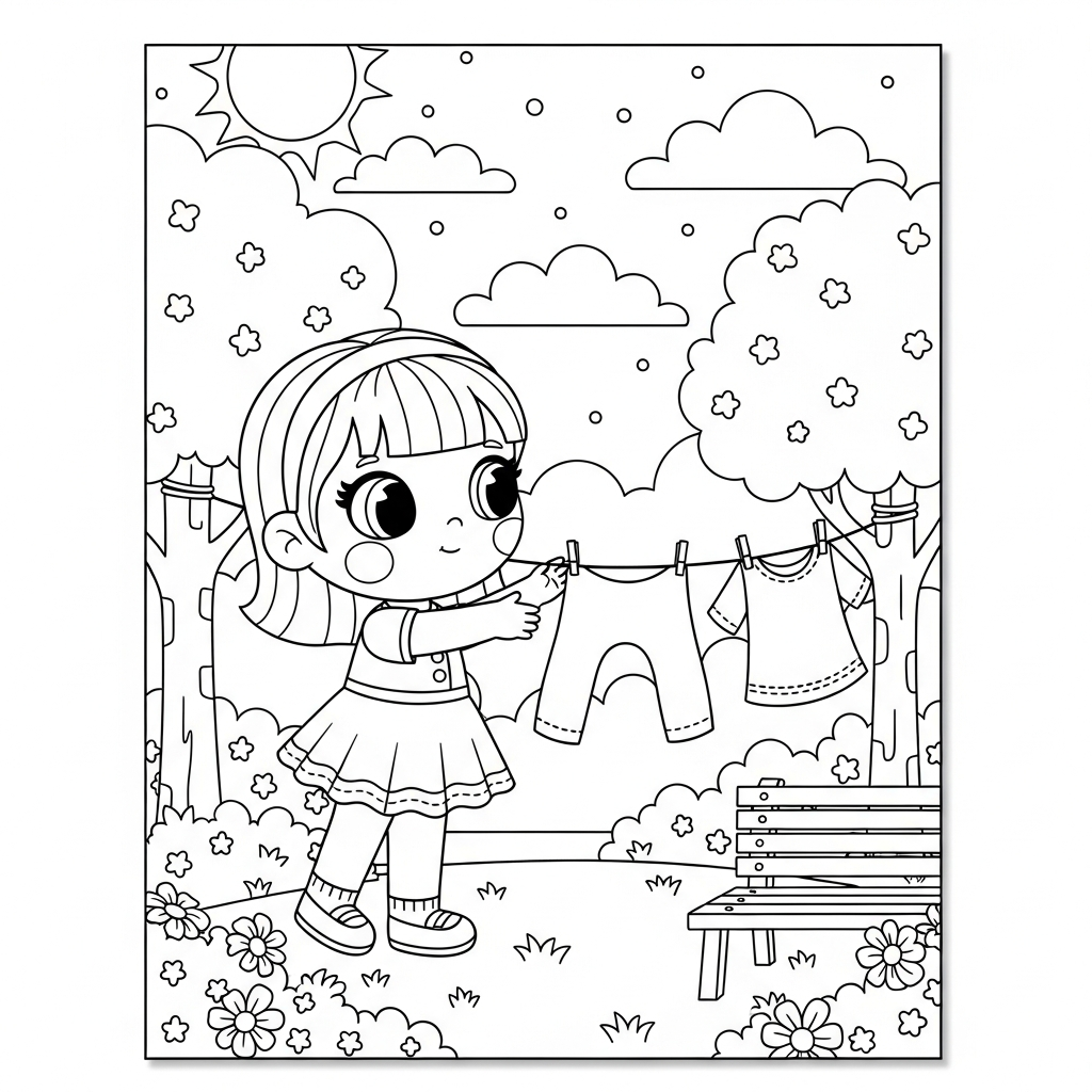 Menina kawaii pendurando roupas no varal do quintal, desenho para colorir e imprimir