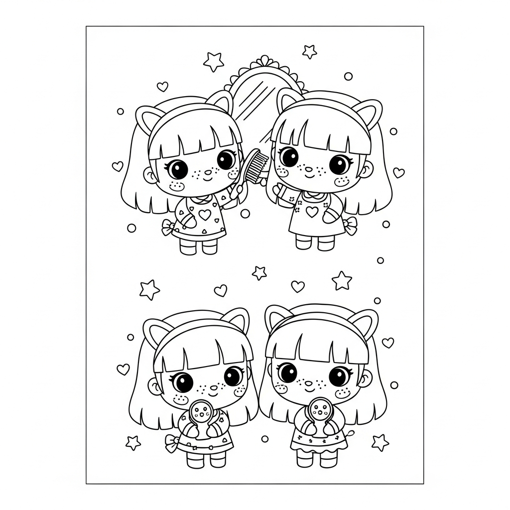 Menina kawaii penteando cabelo com amigas diante do espelho, desenho para colorir e imprimir