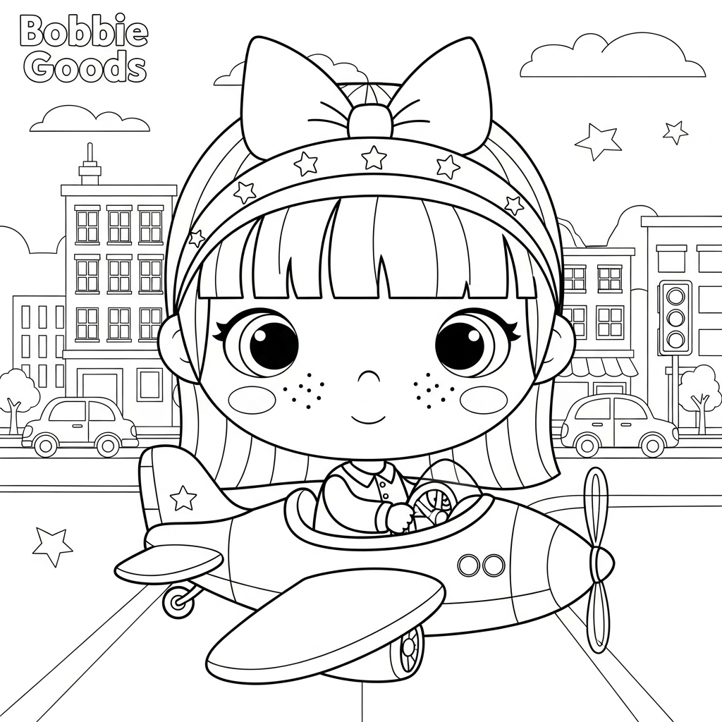 Menina kawaii pilotando avião em rua da cidade, desenho para colorir e imprimir