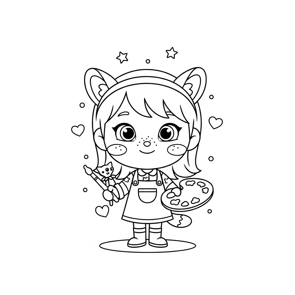 Menina kawaii segurando pincel e paleta com fundo decorativo, desenho para colorir e imprimir