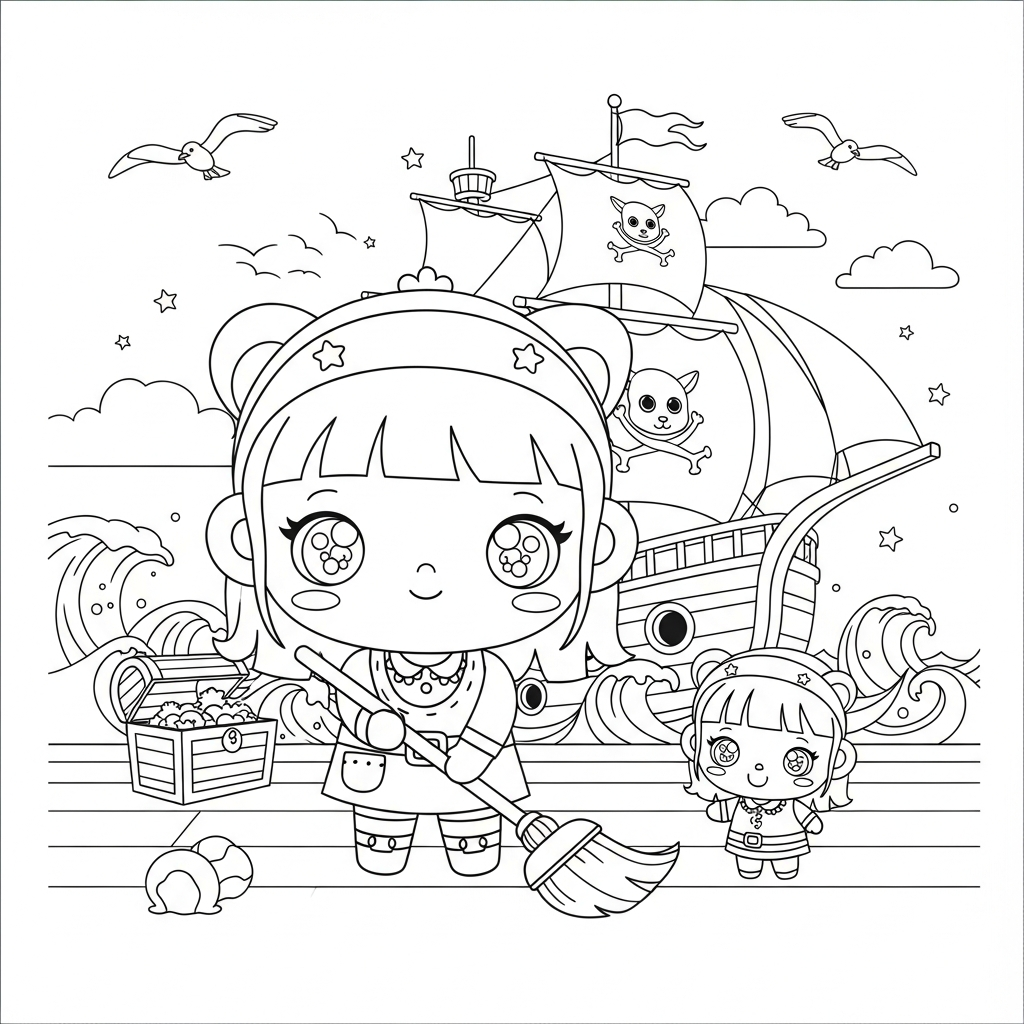 Menina kawaii vestida de pirata varrendo o convés do navio, desenho para colorir e imprimir