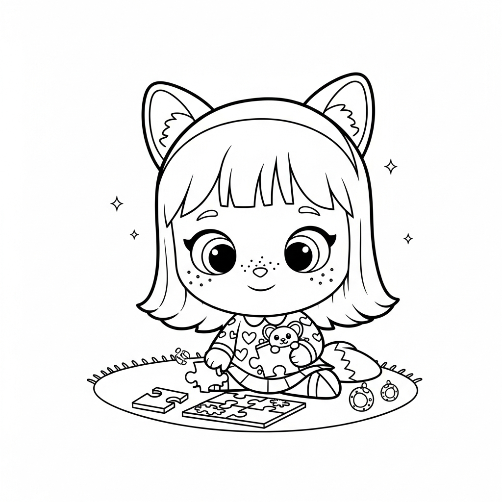 Menina kawaii posando em cenário simples, desenho para colorir e imprimir
