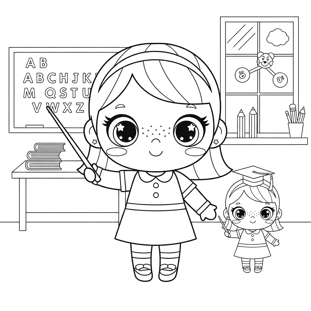 Menina kawaii posando em cenário simples, desenho para colorir e imprimir