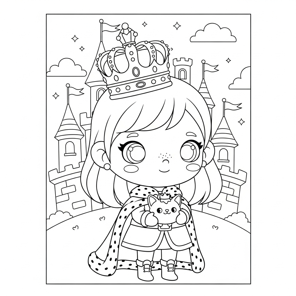 Menina kawaii segurando gatinho em frente ao castelo, desenho para colorir e imprimir