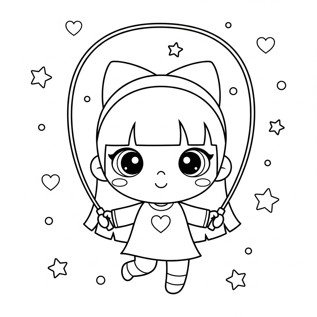 Menina kawaii pulando corda com estrelas e corações, desenho para colorir e imprimir