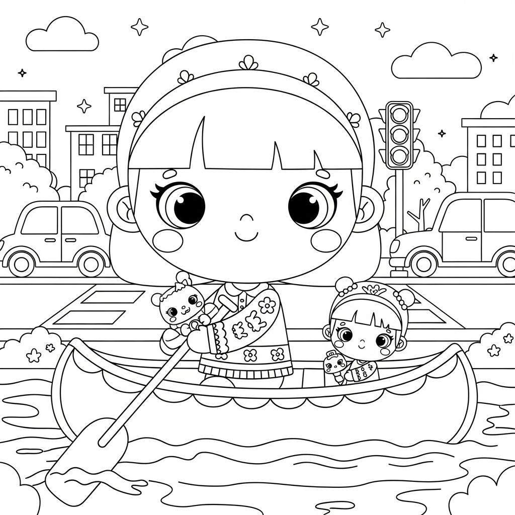 Menina kawaiai remando canoa em canal urbano, desenho para colorir e imprimir