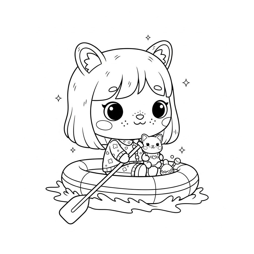 Menina kawaii remando em bote inflável na água, desenho para colorir e imprimir