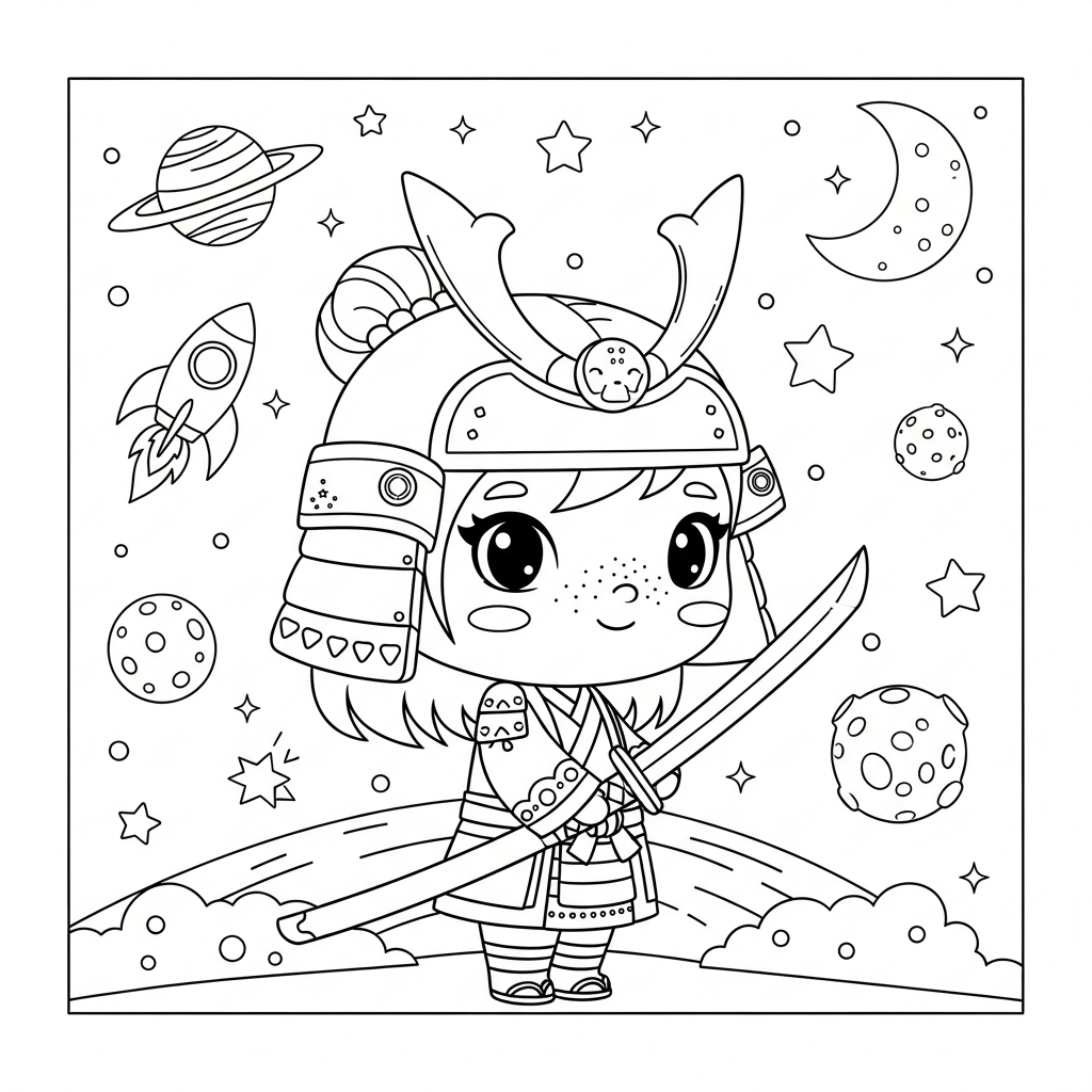 Menina kawaii segurando duas espadas no espaço, desenho para colorir e imprimir