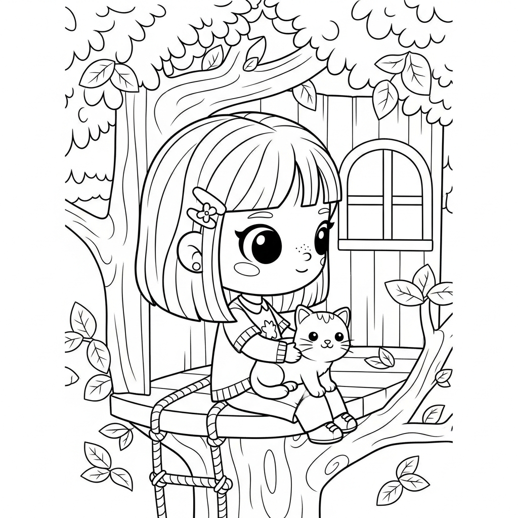 Menina kawaii sorrindo em cenário simples, desenho para colorir e imprimir