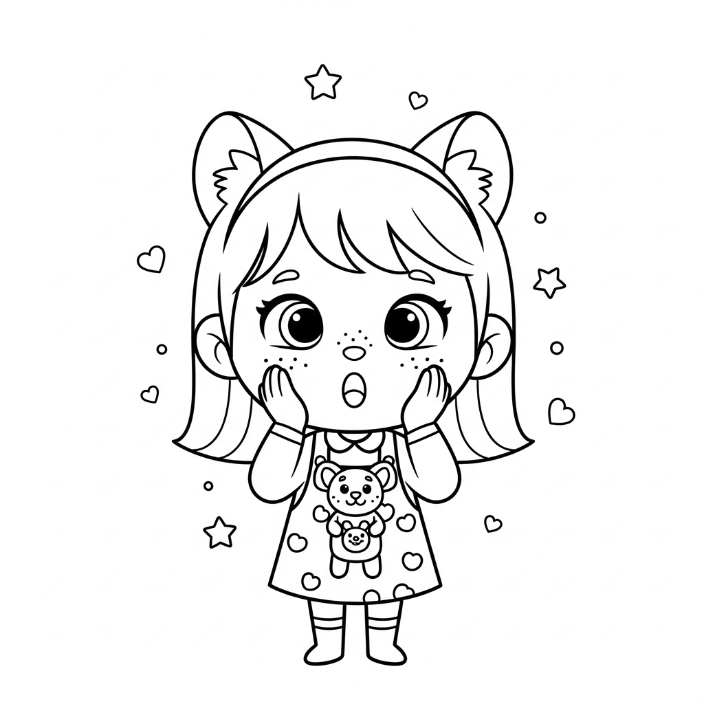 Menina kawaii com mãos no rosto entre estrelas e corações, desenho para colorir e imprimir