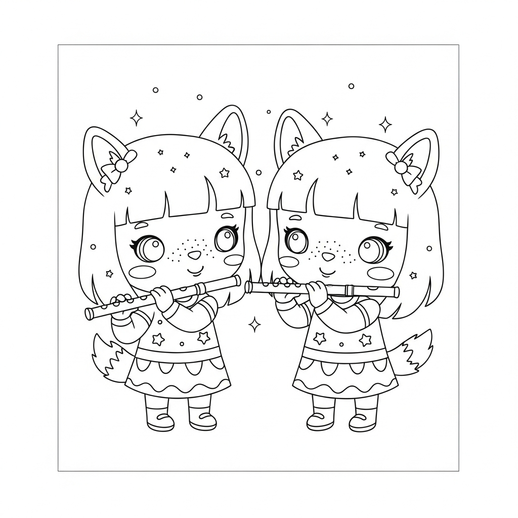 Menina kawaii tocando flautas com estrelas e bolinhas ao redor, desenho para colorir e imprimir