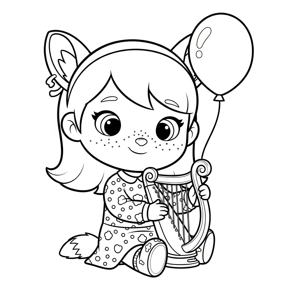 Menina kawaii tocando harpa fantasiada de raposinha, desenho para colorir e imprimir