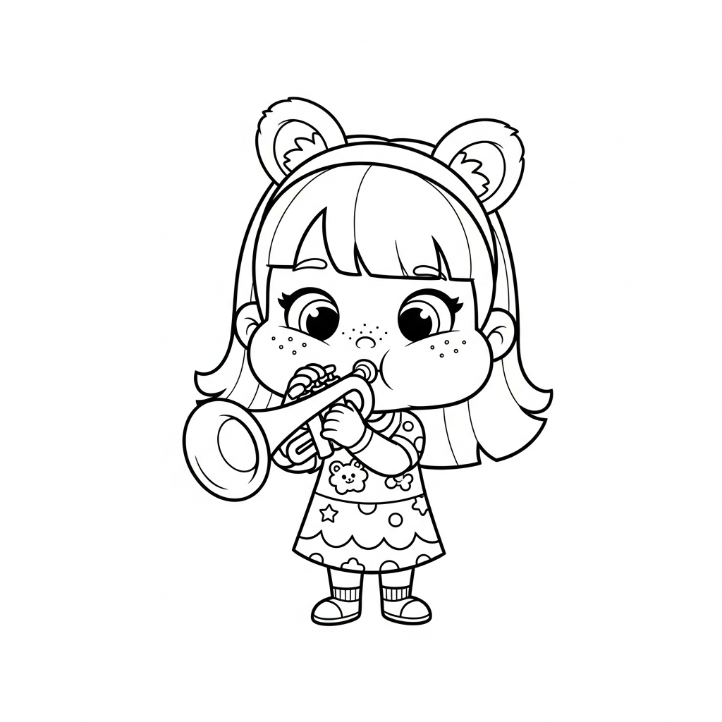 Menina kawaii tocando trompete em fundo branco, desenho para colorir e imprimir