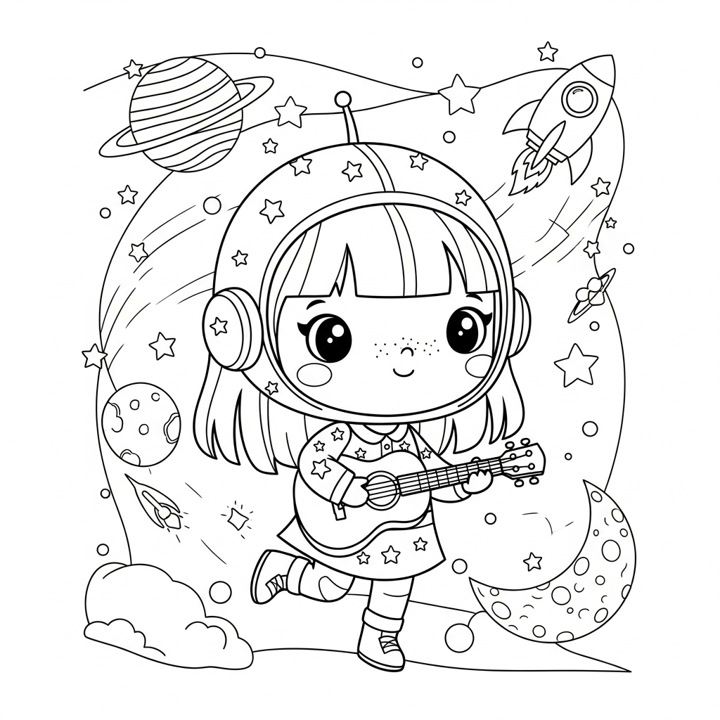 Menina kawaii astronauta tocando ukulele no espaço, desenho para colorir e imprimir