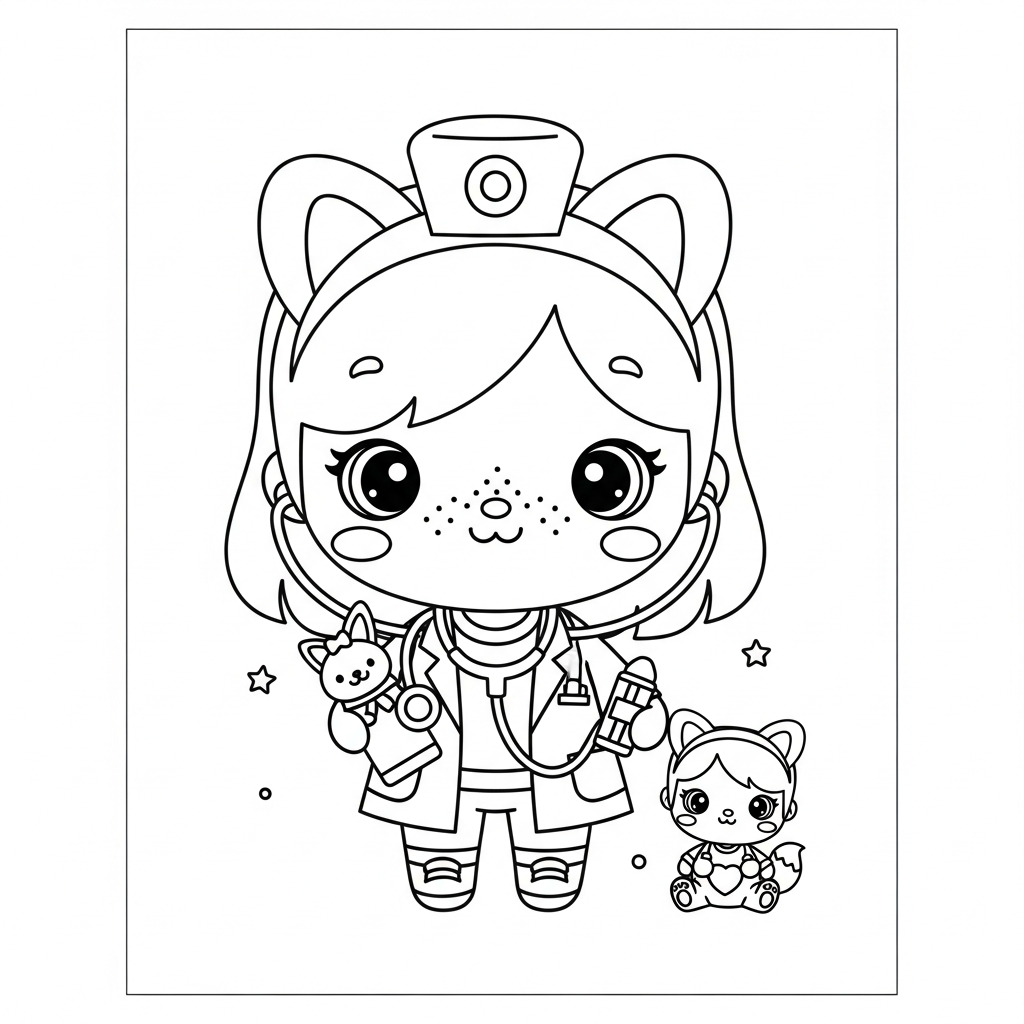 Menina kawaii atendendo bichinhos como veterinária, desenho para colorir e imprimir