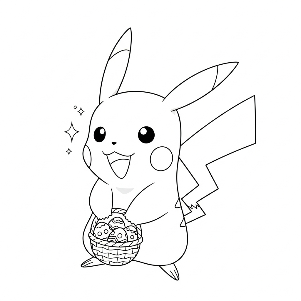Desenho de Pikachu para colorir segurando cesta de Páscoa com ovos e flor.