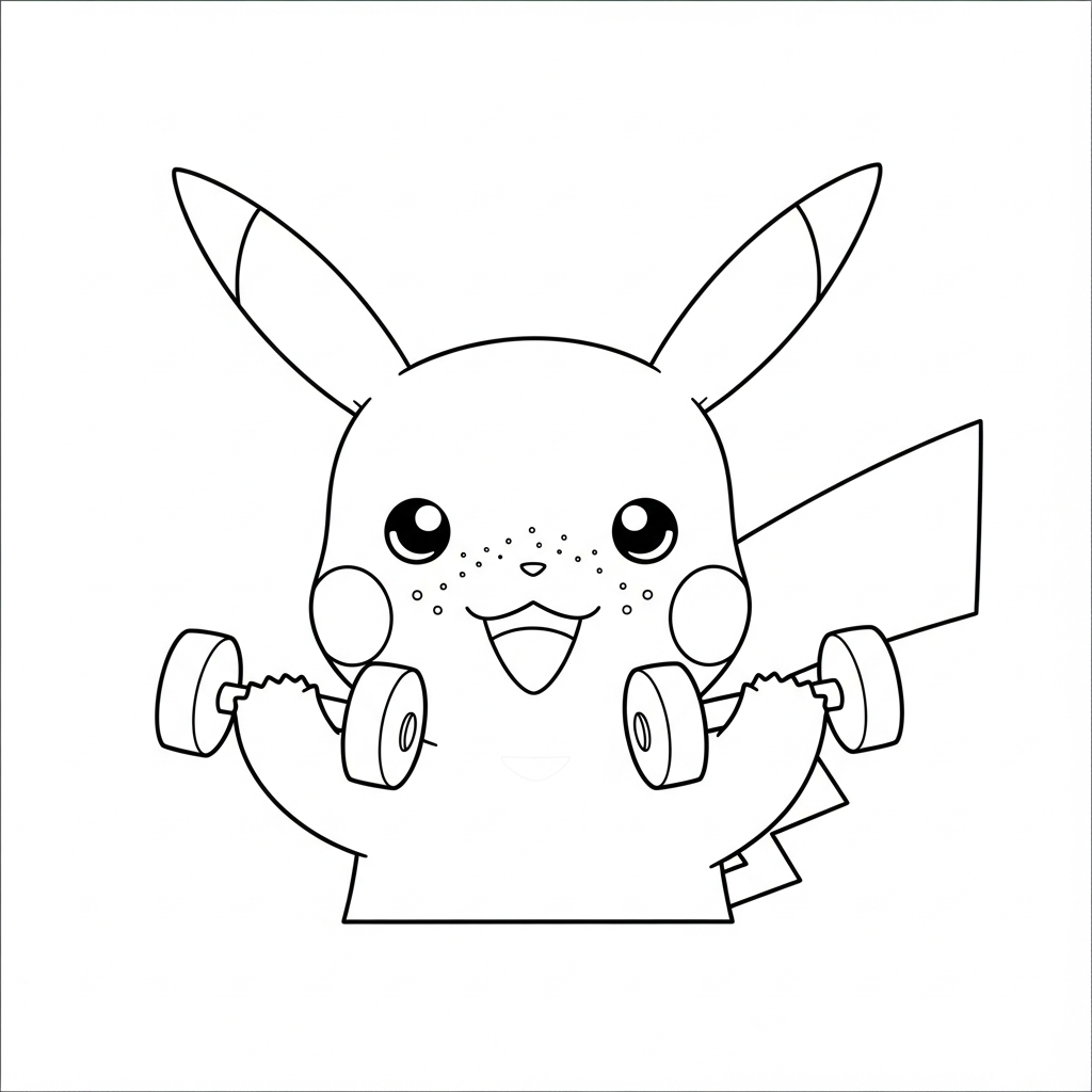 Desenho de Pikachu para colorir levantando pequenos halteres com expressão animada