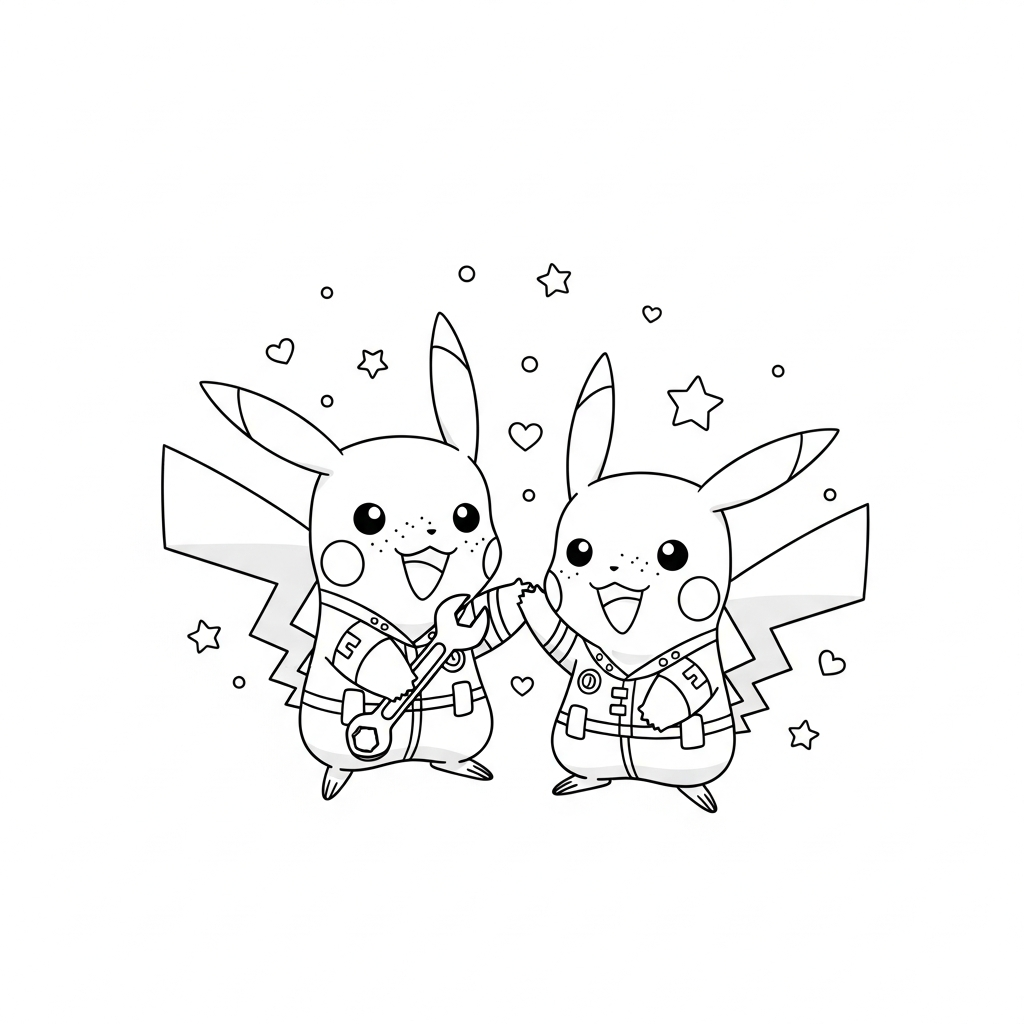 Desenho de Pikachu para colorir vestido de mecânico com chave inglesa, estrelinhas e corações.