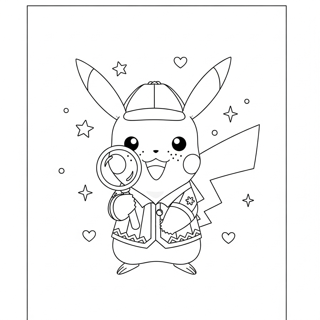 Desenho de Pikachu para colorir vestido de detetive com lupa, estrelinhas e corações.