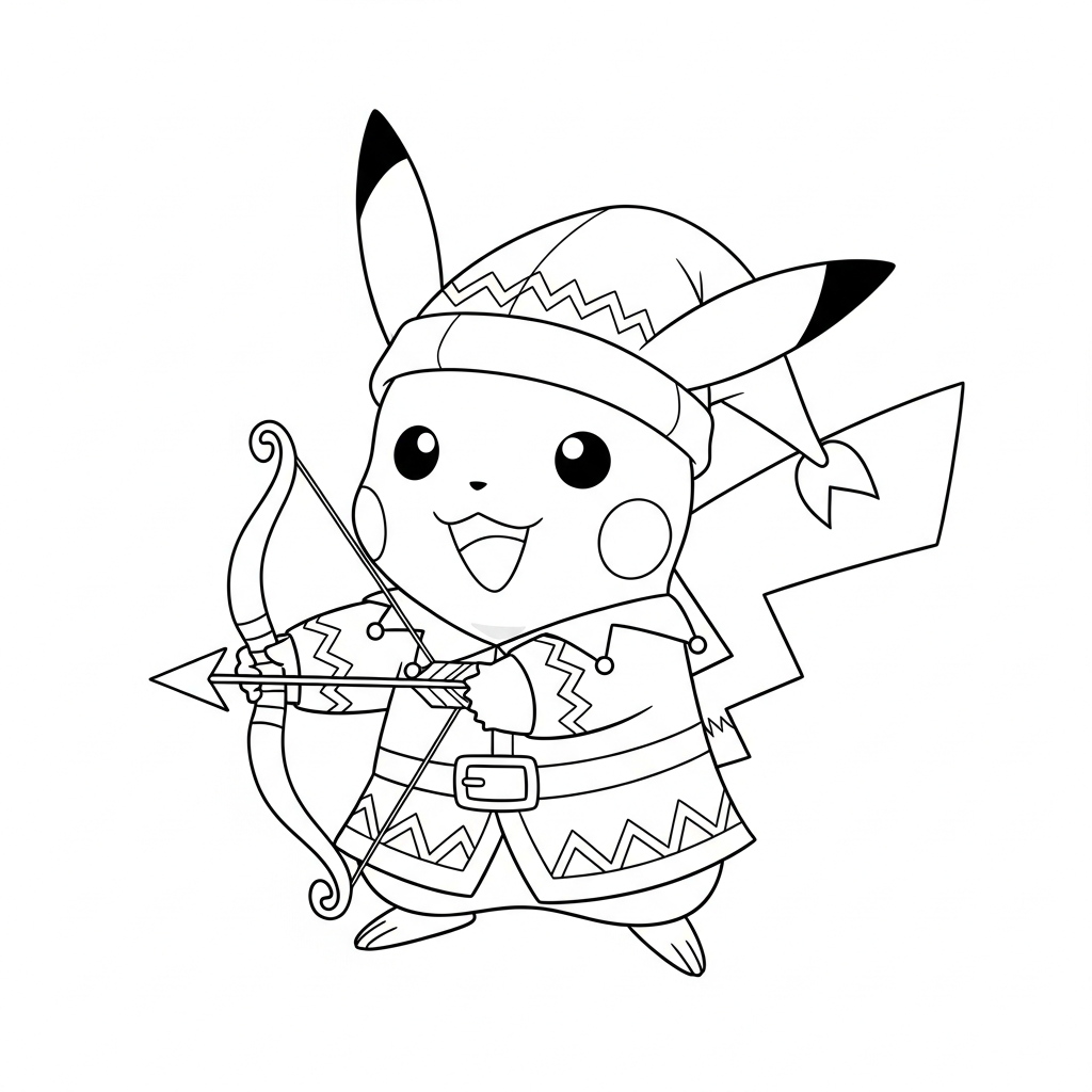 Desenho de Pikachu para colorir vestido de elfo com arco e flecha