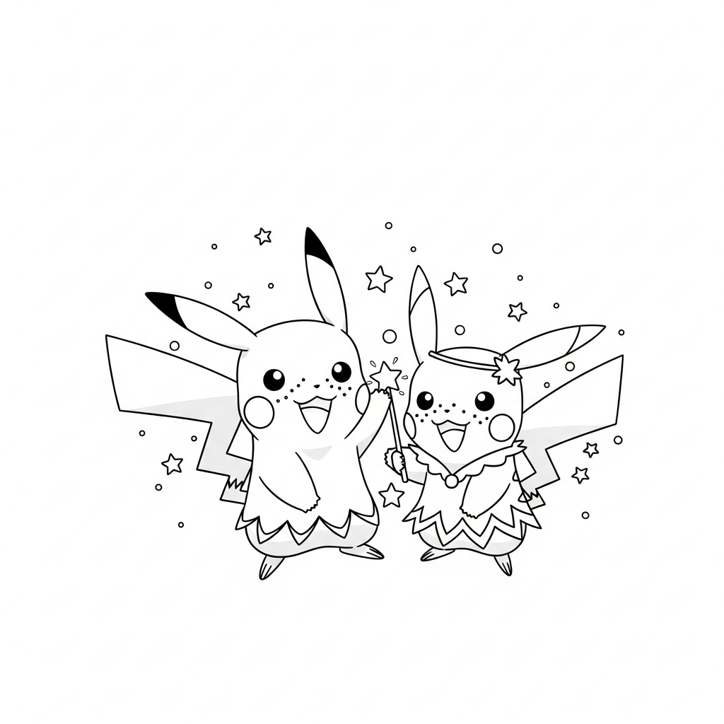 Desenho de Pikachu para colorir vestido de fada com varinha estrelada