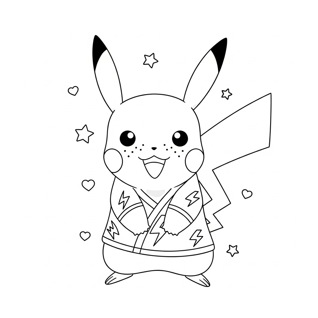 Desenho de Pikachu para colorir vestido de ninja em pose furtiva com estrelinhas e corações