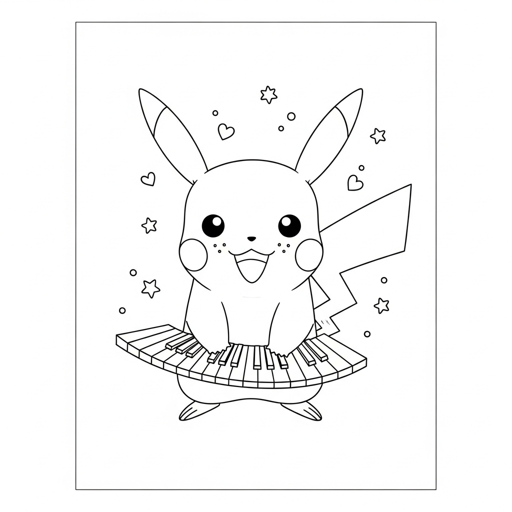 Desenho de Pikachu para colorir tocando piano com estrelinhas e corações decorativos