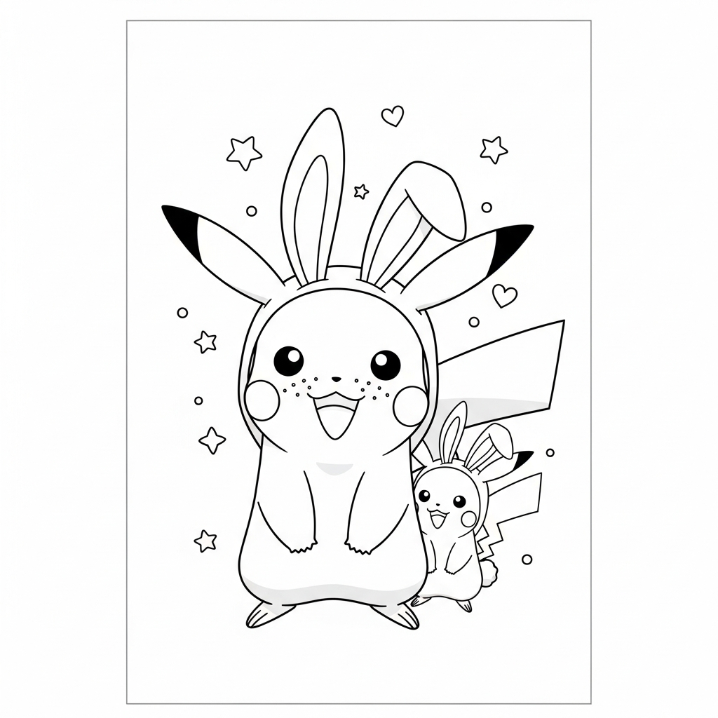 Desenho de Pikachu para colorir disfarçado de coelho com estrelinhas e corações