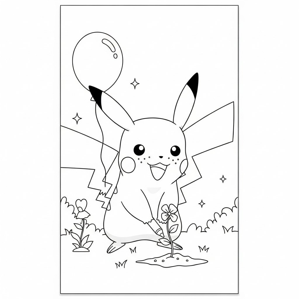 Desenho de Pikachu para colorir plantando semente no canteiro com regador pequeno