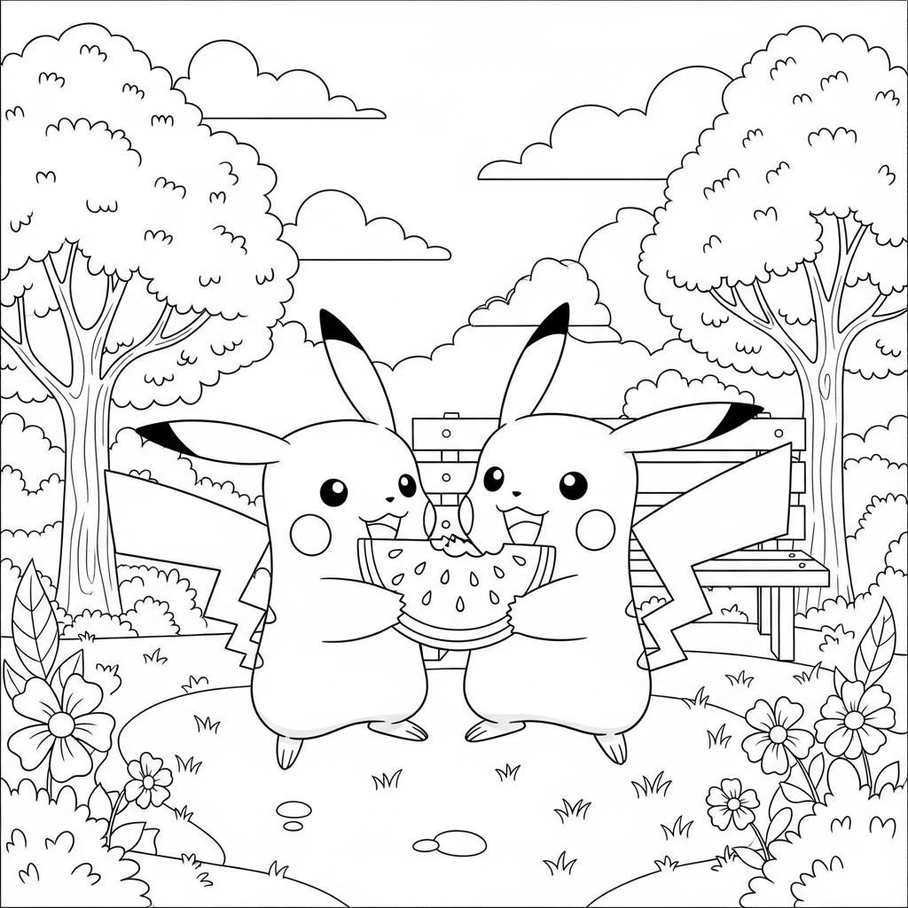 Desenho de Pikachu para colorir segurando melancia em parque ensolarado com árvores