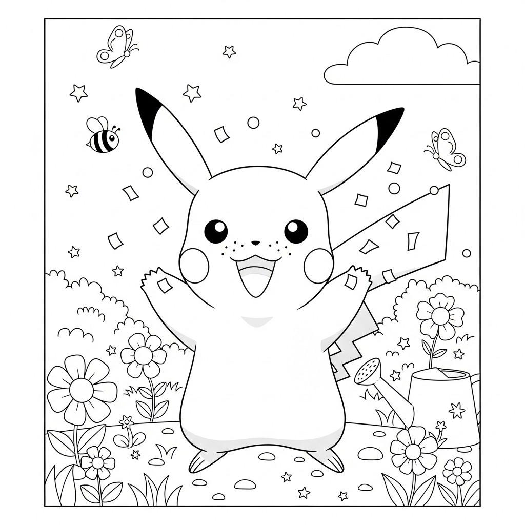Desenho de Pikachu para colorir alegre soltando confete no jardim com flores e abelhas