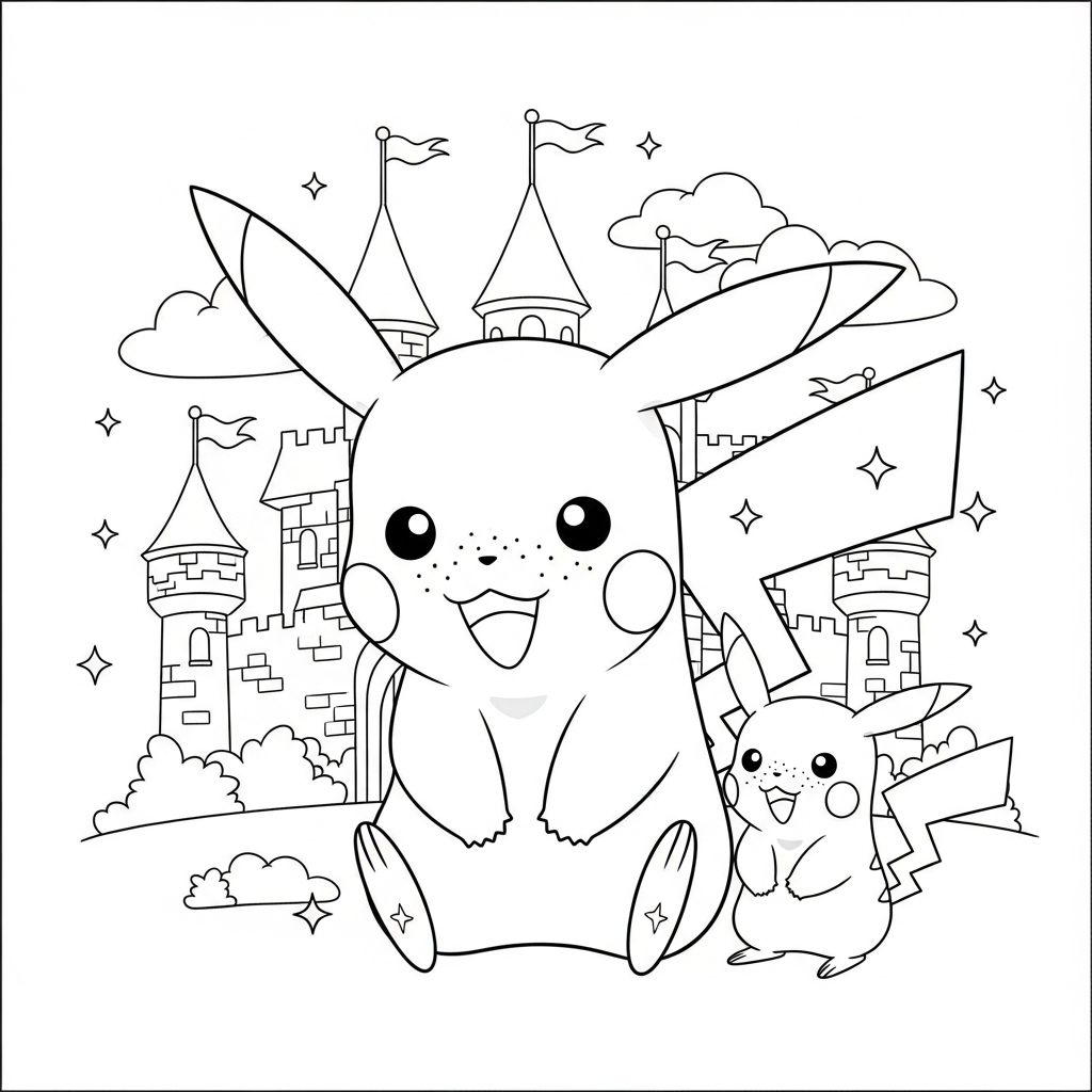 Desenho de Pikachu para colorir sorrindo timidamente olhando para baixo no castelo de conto de fadas