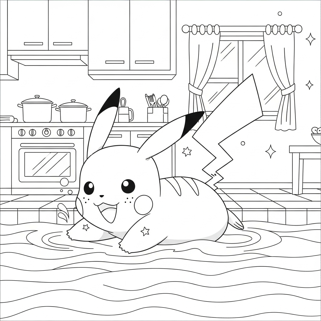 Desenho de Pikachu para colorir nadando estilo livre na piscina da cozinha com forno e panelas.