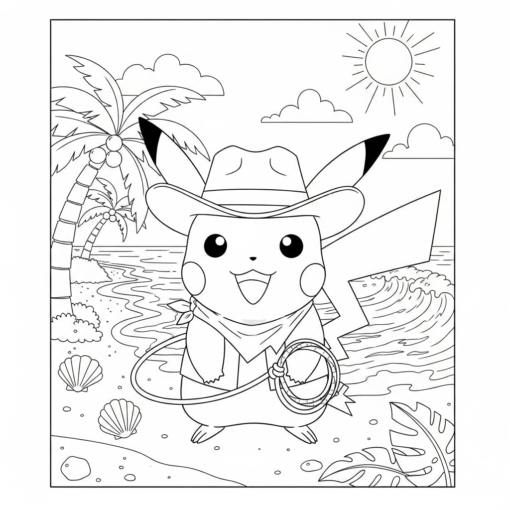 Desenho de Pikachu para colorir vestido de cowboy na praia com palmeiras.