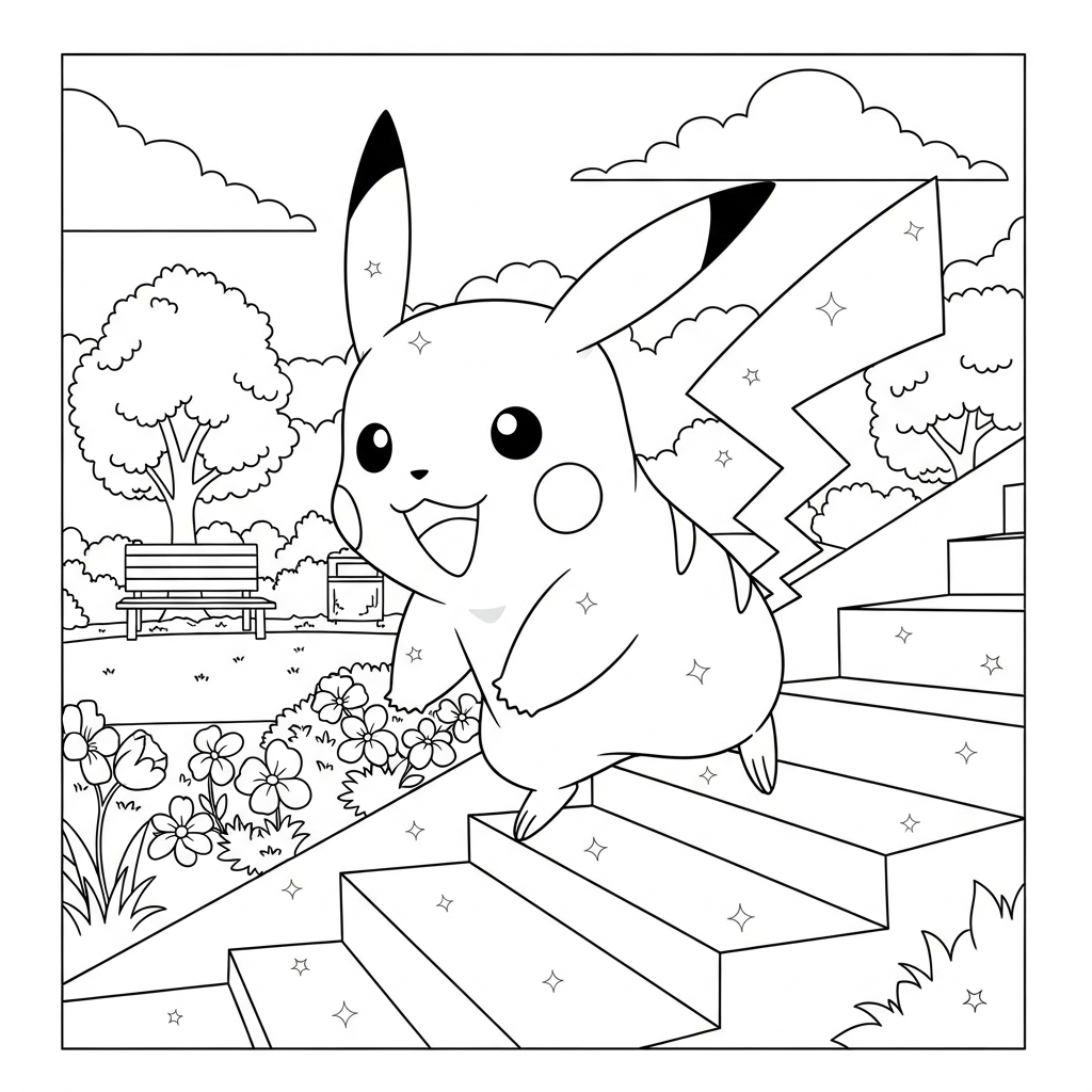 Desenho de pikachu para colorir subindo escadas no parque ensolarado com árvores
