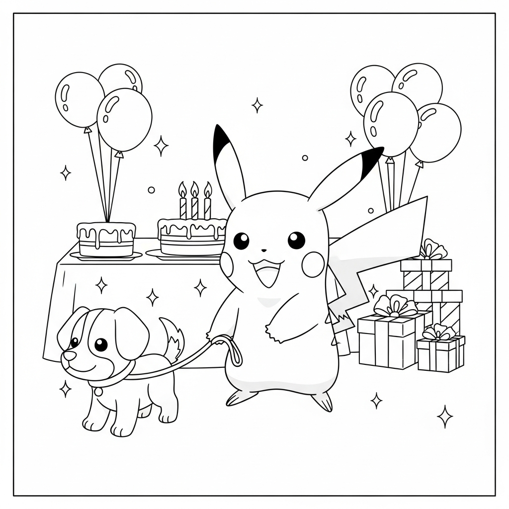 Desenho de Pikachu para colorir passeando com cachorro na coleira em festa de aniversário.
